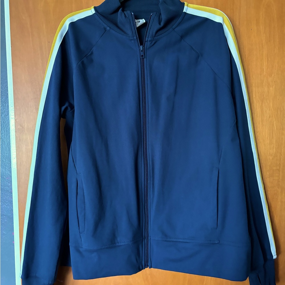 Navy track suit w/ gold & white stripes